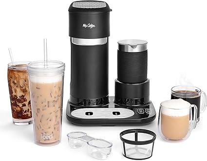 Mr. Coffee 4-in-1 Single-Serve Latte, Iced, and Hot Coffee Maker, Coffee Machine with Milk Frother, Tumbler and Reusable Filter, Black