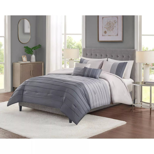 King Boston Pleated Colorblock Comforter Bedding Set Gray