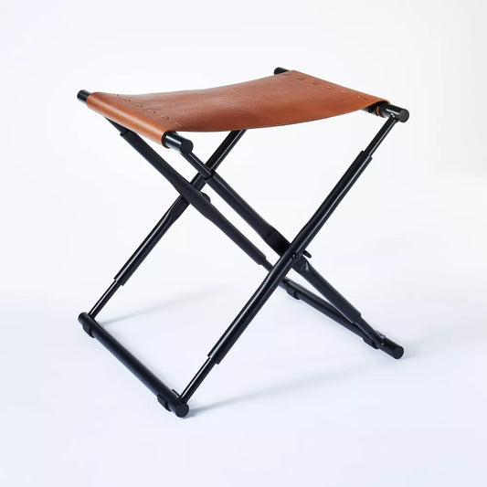 Folding Leather Sling Ottoman with Metal Base
