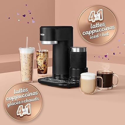 Mr. Coffee 4-in-1 Single-Serve Latte, Iced, and Hot Coffee Maker, Coffee Machine with Milk Frother, Tumbler and Reusable Filter, Black