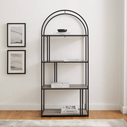 68 in. Grey Wash Wood and Metal Modern 4 -Shelf Arch Etagere Bookcase with Metal Accents