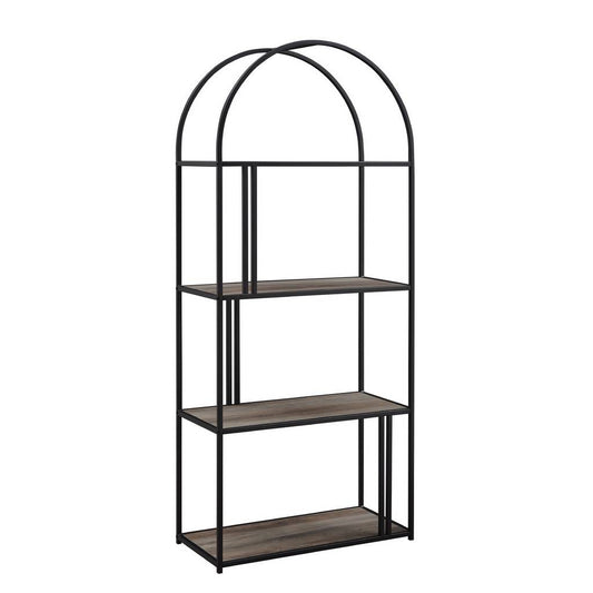 68 in. Grey Wash Wood and Metal Modern 4 -Shelf Arch Etagere Bookcase with Metal Accents