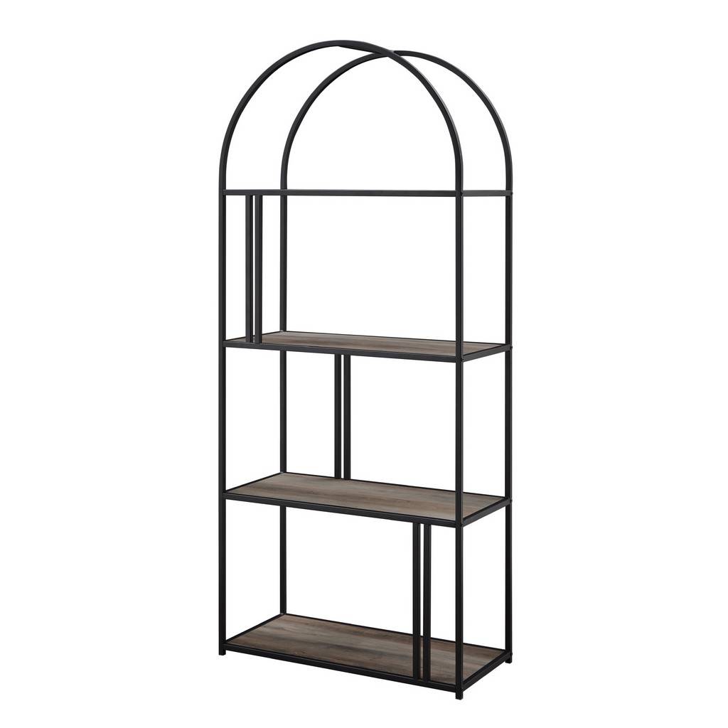 68 in. Grey Wash Wood and Metal Modern 4 -Shelf Arch Etagere Bookcase with Metal Accents