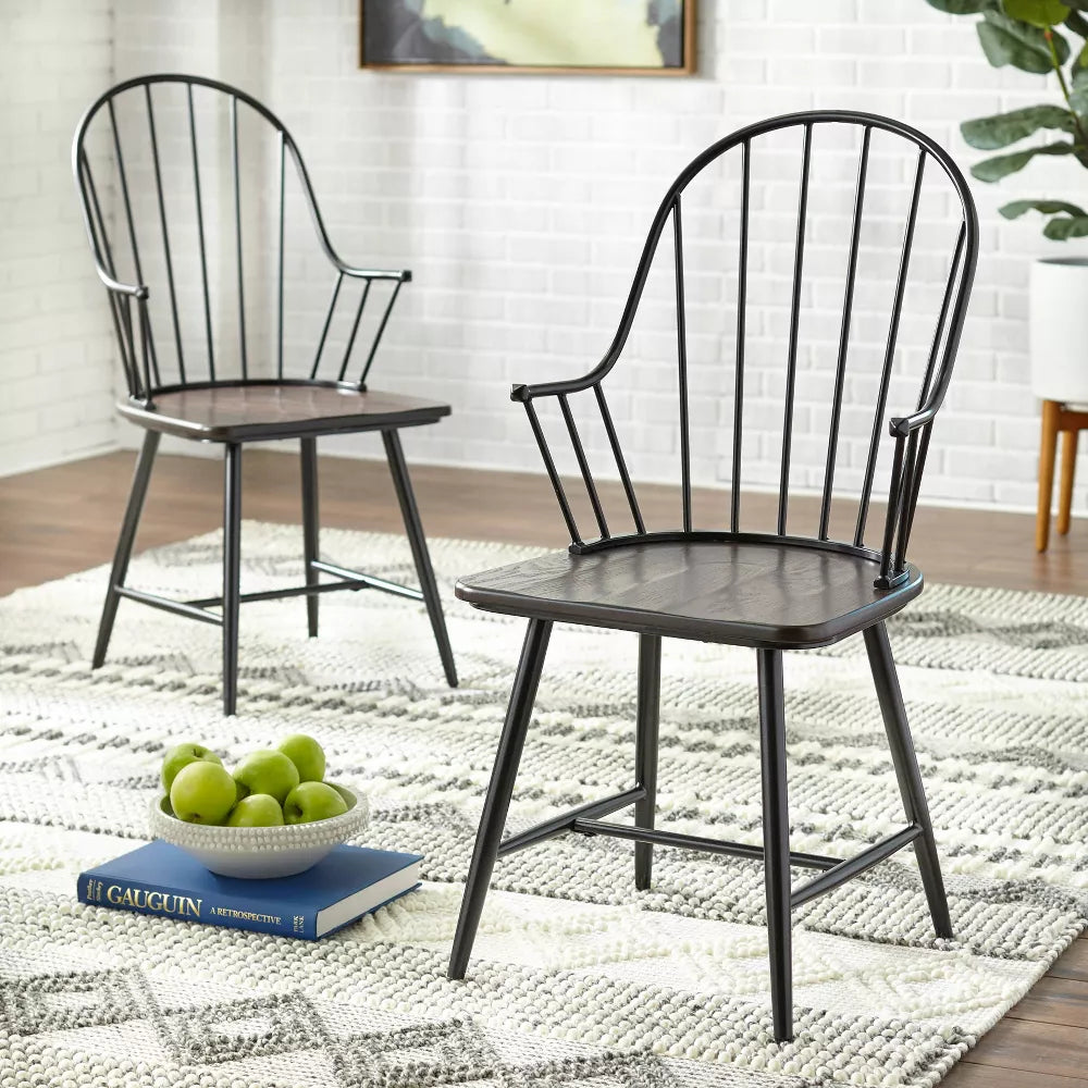 Set of 2 Milo Windsor Metal with Wood Seat Dining Armchairs Black/Espresso Brown