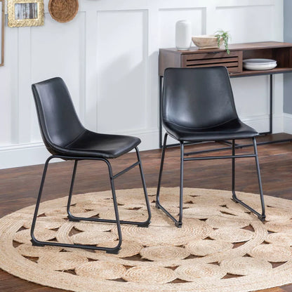 Set of 2 Modern Upholstered Faux Leather Dining Chairs - Black